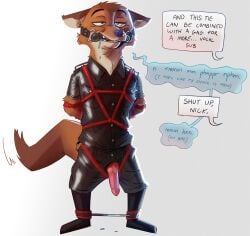 33xtc anthro bite_gag bondage bound canid canine clothing disney erection fox gag genitals green_eyes hi_res leg_spreader male male_only mammal nick_wilde penis restraints rope rope_bondage shirt solo spreader_bar standing t-shirt text topwear zootopia