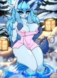 anthro blue_body blue_eyes blue_fur blue_hair blush breast_squish breasts cleavage clothed clothing clothing_pull eeveelution female fur generation_4_pokemon generation_8_pokemon glaceon hair hi_res hot_spring lamp lantern looking_at_viewer moon nature nature_background night nintendo nipples plant pokemon pokemon_(species) rock shy sitting smile smiling_at_viewer snom snow snowing snowing_outside solo squish towel towel_only tree water winter yumiiefox