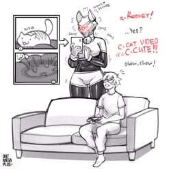 blush blushing_female controller couch dialogue erika_summers_(oatmegaplus) exposed_belly feline female larger_female male male/female oatmegaplus original original_art original_artwork robot robot_girl sitting_on_couch smaller_male