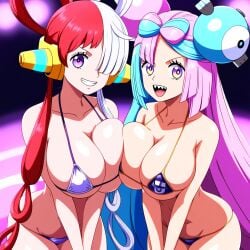 2girls ai_generated alternate_body_type alternate_breast_size artist_(wolf) bare_shoulders big_breasts bikini_bottom bikini_top blue_hair breasts cleavage collarbone creatures_(company) duo exposed_shoulders female female_focus female_only game_freak generation_1_pokemon huge_breasts iono_(pokemon) large_breasts magnemite magnemite_hairclips nintendo npc_trainer one_piece open_mouth pink_hair pokemon pokemon_sv red_eyes red_hair sharp_teeth sideboob skimpy skimpy_clothes twintails two_tone_hair ulf_(artist) underboob uta_(one_piece) white_hair