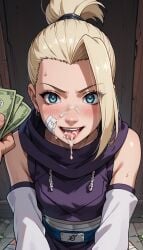 ai_generated blonde_hair cum_in_mouth cum_on_face ino_yamanaka ino_yamanaka money naruto smile stable_diffusion tongue_out