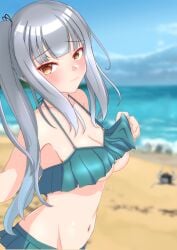 abyssal_ship beach bikini bikini_skirt blue_sky blush breasts brown_eyes day enemy_naval_mine_(kantai_collection) female frilled_bikini frills green_bikini grey_hair highres kantai_collection kasumi_(kantai_collection) long_hair medium_breasts navel nitamako_(sakamalh) outdoors shinkaisei-kan side_ponytail sky swimsuit tentacle underboob