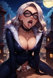 1boy ai_generated black_bodysuit black_cat_(marvel) black_choker blue_eyes bodysuit city city_background cleavage cowgirl cowgirl_position cum cum_in_mouth cum_in_pussy cum_inside cum_on_breasts cum_on_tongue cumming curvy domino_mask earrings excessive_cum female fur gloves highres hourglass_figure huge_cock huge_cock indoors large_breasts latex_clothing leaning leaning_forward looking_at_viewer marvel marvel_comics mature mature_female motion_lines muscular_male narrow_waist night open_mouth pov pussy pussy_juice qwertart red_lips rolling_eyes rooftop sex shiny_skin slim slim_waist smile spider-man_(series) tagme tongue_out torn_clothes torn_clothing torn_legwear vaginal_penetration vaginal_penetration vaginal_sex white_hair wide_hips