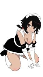 1girls black_hair brown_hair cleavage game_freak kneeling maid maid_headdress maid_uniform mukuhookusuki on_hands_and_knees pokemon pokemon_oras solo solo_female zinnia_(pokemon)