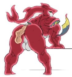 1boy anthro anus ass backsack balls bent_over big_butt boner buttjob edit erection fish_humanoid furry gay greyscale humanoid hybrid looking_back male male_focus male_only mr_canvas muscular muscular_male no_humans nude penis sidon sidon_(zelda) simple_background solo standing thick_thighs third-party_edit