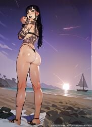 adventuresofabsynth ai_generated ass beach bikini black_hair futanari goth goth_girl green_eyes looking_at_viewer looking_back piercings tattoos thong_bikini