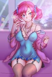 black_thighhighs blue_camisole blue_eyes blush bottomless breasts camisole cellphone collarbone covered_nipples cowboy_shot cross-laced_clothes digimon digimon_story:_cyber_sleuth falcon_(burbdoodles) female garter_straps highres holding holding_phone indoors jacket large_breasts long_hair no_panties off_shoulder phone pink_hair pink_jacket pubic_hair pussy selfie shiramine_nokia sideless_outfit sitting smartphone smile solo thighhighs twintails