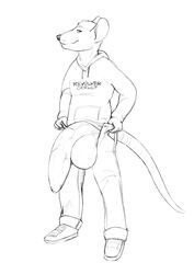 2018 anthro big_penis bulge clothed clothing flaccid foreskin fully_clothed gnash_(character) grin hoodie huge_cock humanoid_penis hyper hyper_penis line_art looking_at_viewer male male_only mammal penis pulsar rat rodent sketch smile