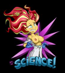 black_background breasts equestria_girls friendship_is_magic gloves green_eyes labcoat multicolored_hair my_little_pony nipples orange_skin ponut_joe red_hair scratches sunset_shimmer surprised tagme torn_clothes wardrobe_malfunction