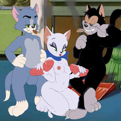 1girls 2boys breasts butch_cat collar erect_nipples erection exwolf85 fangs feline female green_eyes group_sex male mammal metalslayer multiple_penises nipples penis red_lipstick ribbons smile straight tagme tom_and_jerry tom_cat toodles_galore