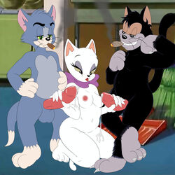 1girls 2boys breasts butch_cat collar cum erect_nipples erection exwolf85 fangs feline female green_eyes group_sex male mammal metalslayer nipples penis red_lipstick ribbons smile straight tagme tom_and_jerry tom_cat toodles_galore