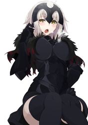 armor artist_request black_armor blush elbow_gloves fate/apocrypha fate_(series) female gauntlets huge_breasts jeanne_alter pale_skin short_hair silver_hair thighhighs thighs tiara voluptuous white_background yellow_eyes