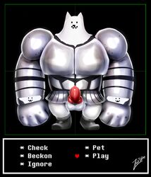 1boy 2015 animal_genitalia anthro balls canine chubby clothed clothing erection fur furry furry_only greater_dog knot looking_at_viewer male male_only mammal penis royal_guard_(undertale) simple_background smile solo text undertale undertale_(series) video_games white_fur zestibone