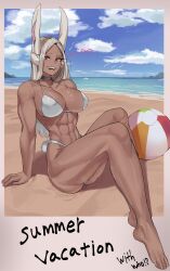 abs beach big_breasts bikini bunny_ears bunny_girl bunny_tail miruko muscular_female my_hero_academia red_eyes soolee040995 white_hair