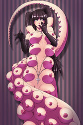 big_breasts breasts clothing cross female gammatelier gloves jewelry lamia looking_at_viewer monster monster_girl multi_arm multi_breast multi_limb