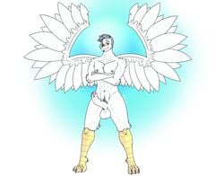 2015 anthro avian balls bird blue_hair erection feathered_wings feathers frenum_piercing genital_piercing hair krazu_wolfdoom long_legs long_neck looking_at_viewer male male_only nipples nude penis penis_piercing piercing pubes simple_background simplistic_wings swan talons thick_thighs wings