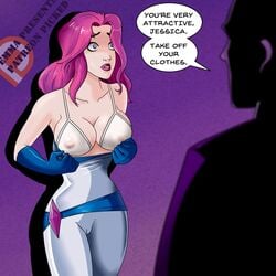 bra breasts cleavage emmapresents english_text female gloves hypnotic_eyes hypnotized jessica_jones jessica_jones_(series) jewel jewel_(marvel) long_hair male marvel marvel_comics nipples pink_hair purple_eyes purple_man purple_skin see-through see-through_bra text zebediah_killgrave