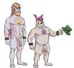 2018 3_toes abs anthro balls beard blonde_hair body_hair broodals chest_hair digital_media_(artwork) duo eyewear facial_hair flaccid fur glasses grey_fur hair happy_trail hat lagomorph male male_only mammal mario_(series) muscular muscular_male nintendo nipples nude penis purple_hair rabbit rango_(mario) simple_background smile spikes standing super_mario_odyssey toes topper_(mario) video_games wkd wkdart wristband