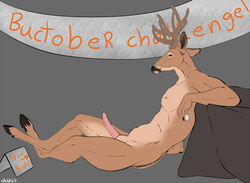 antlers backlash91 banner cervine condom deer english_text erection hooves horn leaning_on_elbow looking_at_viewer male mammal nipples nude penis reclining sheath side_view sign signature solo text toned