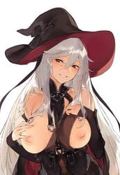 bare_shoulders breasts detached_sleeves duoyuanjun granblue_fantasy hat highres magisa_(granblue_fantasy) nipples silver_hair witch_hat