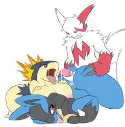 anthro ass balls blush breasts cum erection female fur furry furry_only lucario male mammal nintendo nipples nude open_mouth penis pokemon pokemon_(species) red_eyes sex simple_background straight_hair tongue tongue_out twisted-brit typhlosion video_games white_background zangoose