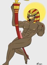 1boy abs anthro avian biceps bird deity egyptian falcon gay male male_nipples male_only muscular nude oliwun penis ra_(smite) simple_background smite solo