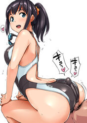 ass black_hair blue_eyes blush buttjob censored competition_swimsuit covered_buttjob erection erection_under_clothes female goggles goggles_around_neck heart highres long_hair looking_back male male_pubic_hair mosaic_censoring one-piece_swimsuit open_mouth original penis ponytail pubic_hair scrunchie shimazu_tekkou simple_background smile spoken_heart swimsuit tied_hair white_background