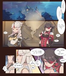 beidou_(genshin_impact) brown_hair dialogue eye_patch female female_only genshin_impact hair_over_one_eye long_hair ningguang_(genshin_impact) puffphox text white_hair