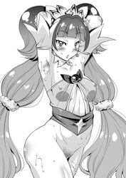 amanogawa_kirara armpits bare_shoulders blush breasts clothing cure_twinkle earrings erect_nipples erect_nipples_under_clothes female gloves go!_princess_precure long_hair magical_girl monochrome precure pretty_cure pubic_hair small_breasts star_earrings sweat tied_hair twintails utamaro