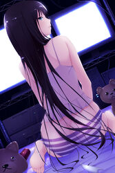 aqua_eyes ass bare_shoulders barefoot black_hair bubble_butt butt_crack camisole can dutch_angle female from_behind highres huge_ass human kamisama_no_memo_chou long_hair looking_back panties shionji_yuuko shokuyou_mogura sitting soda_can solo striped striped_panties stuffed_animal stuffed_toy underwear very_long_hair wariza