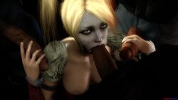 1girls 3boys 3d 3d_(artwork) batman:_arkham_knight batman_(series) big_breasts blonde_hair blue_eyes breasts busty cosmicnoctis dark-skinned_male dark_skin dc dc_comics facepaint fellatio female foursome hair handjob harley_quinn harley_quinn_(arkham) harley_quinn_(arkham_knight) interracial long_hair male multicolored_hair multiple_boys multiple_penises nipples nudity oral penis source_filmmaker straight tied_hair twintails