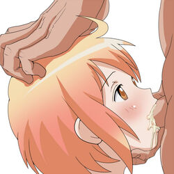 1boy blush cum cum_in_mouth fellatio female hand_on_another's_head kotoura-san kotoura_haruka megakura_kinshi oral orange_eyes orange_hair penis profile short_hair simple_background uncensored white_background