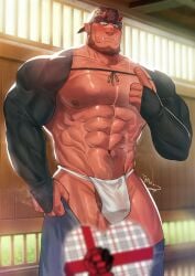 1boy abs absurd_res akaoni armsleeves artist_signature asian_mythology bandana bara bare_breasts beard beefy biceps big_areola big_hands big_nose black_eyes breasts broad_shoulders brown_hair bulge bulge_through_clothing chest_hair collarbone daddy demon depth_of_field dilf dojo east_asian_mythology embarrassed first_person_view flaccid fundoshi fundoshi's_day gay genital_outline gift gift_box grabbing_clothing half-erect headwear hi_res hunk indoors japanese_clothes japanese_mythology looking_at_viewer male male_only manly mature_male moobs muscles muscular muscular_arms muscular_legs muscular_male muscular_neck muscular_thighs musk musk_cloud mythological_creature mythology nagatekkou navel offscreen_character oni oni_horns oyatu55k pants_down pecs pointing pointy_ears pov pubic_hair quadriceps red_body red_horns rokushaku_fundoshi sanpaku six_pack small_pupils standing sweat sweatdrop tall teeth_showing thick thick_arms thick_legs thick_thighs tough_guy translucent_clothing triceps valentine's_day very_high_resolution wet_fundoshi white_fundoshi wooden_wall yaoi