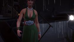 1girls 3d 3dcg absurd_res bare_shoulders bracelets brown_hair_female character_request cleavage earrings edited_screencap emotionless emotionless_female expressionless female_only game_cg game_mod green_dress highres huge_breasts leaning_to_the_side long_dress mature_woman necklace red_lipstick saints_row saints_row_the_third short_hair_female source_request standing sunabouzu_(artist) unbothered waist_belt
