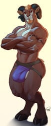 1boy abs anthro beard biceps big_muscles blonde_hair brown_fur bulge caprine clothing crossed_arms facial_hair fur hair hooves horn jockstrap looking_at_viewer male male_only mammal muscular omari pecs rammy_aaron red_eyes sheep solo standing tattoo toned underwear white_fur