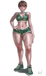 1girls 2d bare_legs basketball_uniform belly_button blue_eyes breasts brown_hair capcom choker female female_only forehead_protector hairband hourglass_figure hourglass_figured_female medium_breasts rebecca_chambers resident_evil short_hair slim_waist stanbl7 tank_top tanktop thick_ass thick_thighs tomboy tomboyish top white_background wide_hips wide_thighs