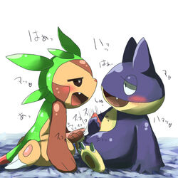 black_eyes blush chalaza chespin claws furry furry_only half-closed_eyes heart japanese_text male masturbation munchlax nintendo open_mouth pokemon teeth text tongue video_games yaoi