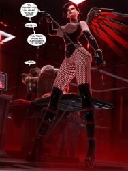 mercy vendetta overwatch overwatch_2 blizzard_entertainment cablensfw latex latex_clothing latex_gloves latex_suit latex_stockings fishnets fishnet_legwear long_hair long_ponytail ponytail black_hair brown_hair transparent_clothing corset nails bracelets spiked_collar spiked_bracelet wings mechanical_wings red_eyes glowing_eyes frown black_legwear platform_heels platform_boots thigh_boots gas ball_gag harness bull_whip whip speech_bubble 3d blender on_all_fours