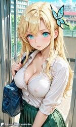 1girls ai_generated blond_hair boku_wa_tomodachi_ga_sukunai breasts butterfly_hair_ornament casual casual_nudity classroom cleavage covered_nipples encoder female hair_ornament indoors kashiwazaki_sena large_breasts long_hair no_bra sboku_wa_tomodachi_ga_sukunai school school_bag school_uniform