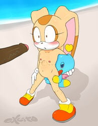 2015 anal anal_sex anthro big_penis blush chao_(sonic) cheese_the_chao chocola_the_chao cream_the_rabbit dark_penis excito female flat_chested foreskin from_behind furry furry_only lagomorph male mammal partially_retracted_foreskin penetration penis public rabbit sonic_(series) stomach_bulge sweat uncut young