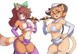2girls belt big_breasts bikini_top bow_ribbon breasts cleavage curvy ear_piercing fedora female furry gauntlets glasses goya's_mom_(lucyfercomic) hat huge_breasts long_hair lucyfercomic milf neckerchief neckwear ribbon short_hair short_shorts shorts tagme thick_thighs thigh_cutout thigh_strap thin_waist whip wide_hips