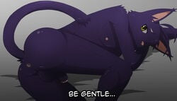 anus ariesartist ass balls bed dialogue feline kuroi looking_at_viewer looking_back lying male male_only mammal morenatsu nipples one_eye_closed penis presenting raised raised_tail shin_(morenatsu) solo text yellow_eyes