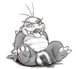 1boy balls barefoot daftpatriot flaccid front_view full_body greyscale koopa koopaling legs_up looking_at_viewer male male_only mario_(series) monochrome morton_koopa_jr. naughty_face nintendo nude partially_retracted_foreskin penis reclining scalie sitting solo spread_legs spreading tongue tongue_out tusks uncut video_games