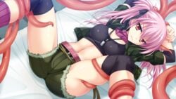 arms_behind_back belt black_ribbon camouflage catwalk_(company) closed_mouth collarbone female game_cg haiboku_no_injuu_hunter_tsukikorihime_rei hair_ribbon legs_up long_hair looking_at_viewer midriff nanami_(nanami811) navel necklace pink_hair red_eyes ribbon scarf shorts solo tentacle tied_hair twintails yatogami_arisa