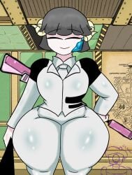 1girls artist_signature clothed clothing e.g.o_(project_moon) employee_(lobotomy_corporation) female female_focus female_only flat_chest front_view hand_on_hip hips its_archville lobotomy_corporation looking_at_viewer project_moon self_upload smile solo solo_female thick_thighs thighs