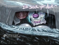 thebigbadwolf01 it_(stephen_king) 1girls female female_only female_focus drain sewer sewer_grate clown clown_nose shark shark_girl shark_teeth shark_humanoid sharp_teeth anthro text english_text balloon breasts large_breasts glasses round_glasses lips eyeshadow blue_hair pink_eyes