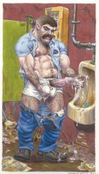 michael_kirwan original gay yaoi tagme traditional_art male male_only 1boy solo penis pubic_hair erection foreskin uncircumcised cum urinal underwear white_underwear penis_through_fly penis_out pants_down trash