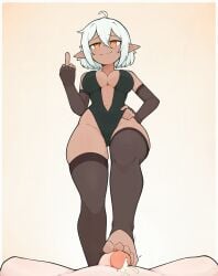 1boy 1girls ai_generated bare_shoulders center_opening cleavage cum dark_elf dark_skin dominatrix elbow_gloves feet femdom fingerless_gloves footjob from_below hand_on_hip inner_sideboob leotard looking_at_viewer low-angle_view male_pov middle_finger midriff orange_eyes penis plain_background pointy_ears pov smug standing standing_footjob stirrup_legwear thighhighs toeless_legwear toes white_hair