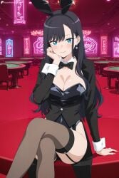 1girl ai_generated animal_ears black_bow black_bowtie black_hair black_jacket black_leotard blue_eyes blush bow bowtie breasts brown_thighhighs casino cleavage closed_mouth crossed_legs detached_collar digitalwaifugallery earrings fake_animal_ears feet_out_of_frame garter_straps hi_res high_quality high_resolution indoors jacket jewelry kitagawa_marin large_breasts leotard long_hair long_sleeves looking_at_viewer patreon playboy_bunny rabbit_ears seductive sexy sitting smile solo sono_bisque_doll_wa_koi_wo_suru strapless strapless_leotard table thighhighs uncensored watermark wrist_cuffs