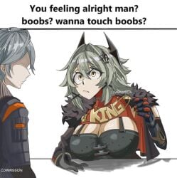 big_breasts boobs?_wanna_touch_boobs? breasts caesar_king caesar_king_(zenless_zone_zero) female green_hair inviting looking_at_partner male meme questionable wise_(zenless_zone_zero) yellow_eyes zenless_zone_zero